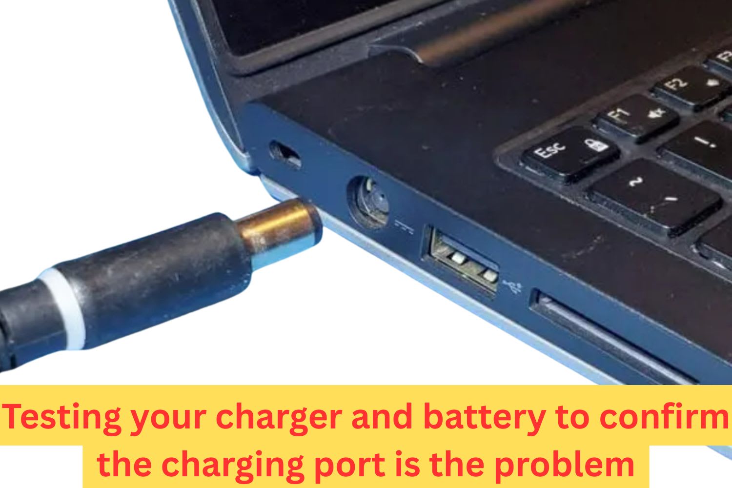 Laptop with a disconnected charging cable near the charging port, showing common power connection issues.