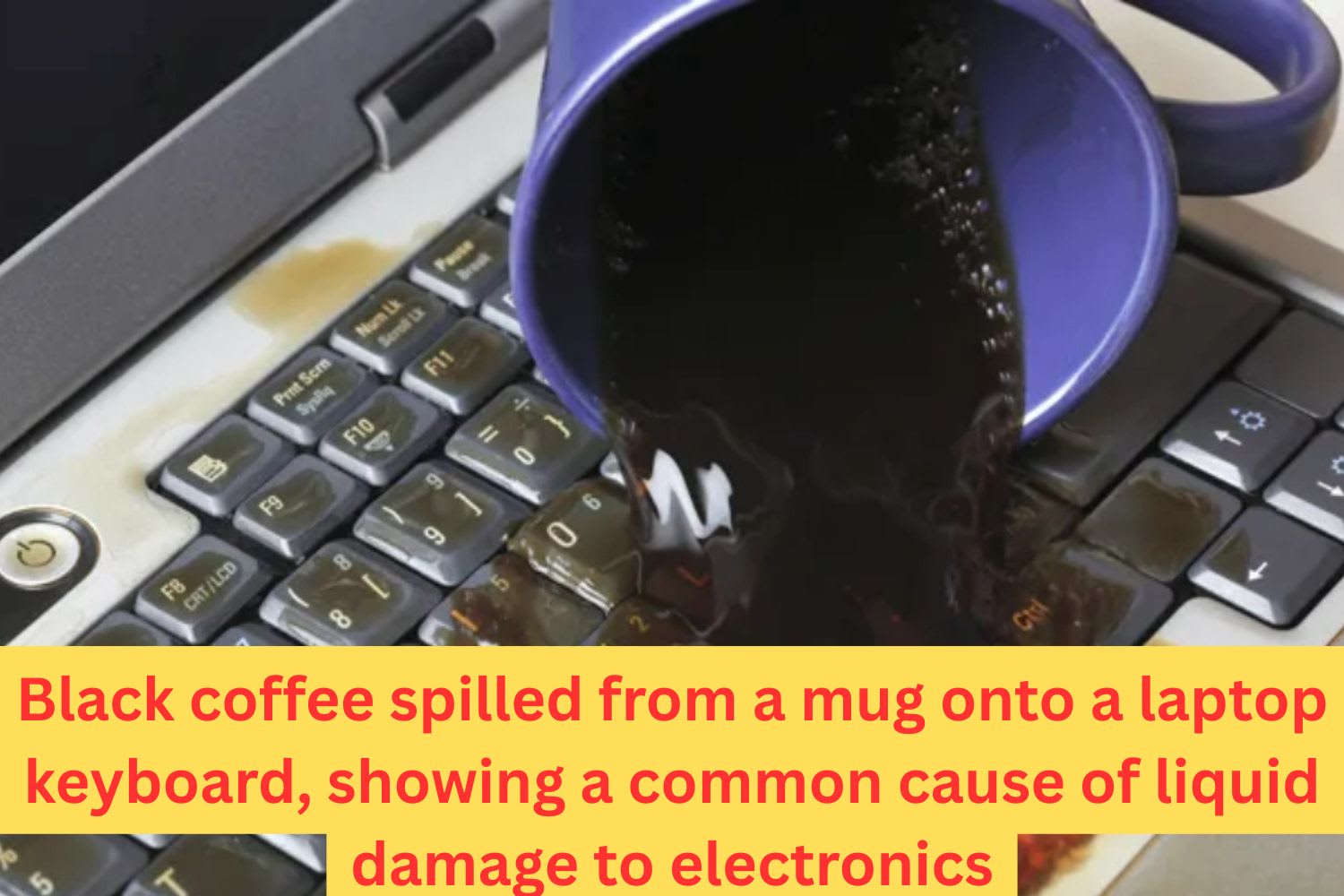 Close-up of black coffee being spilled from a mug onto a laptop keyboard, showing a common cause of liquid damage to electronics.