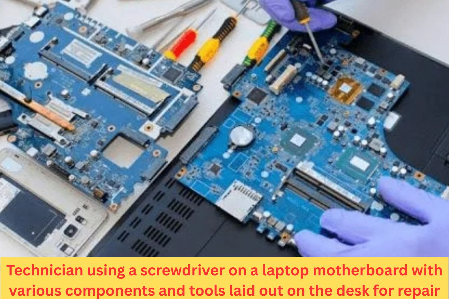 Technician using tools to work on a laptop motherboard surrounded by parts and screwdrivers during motherboard repair.