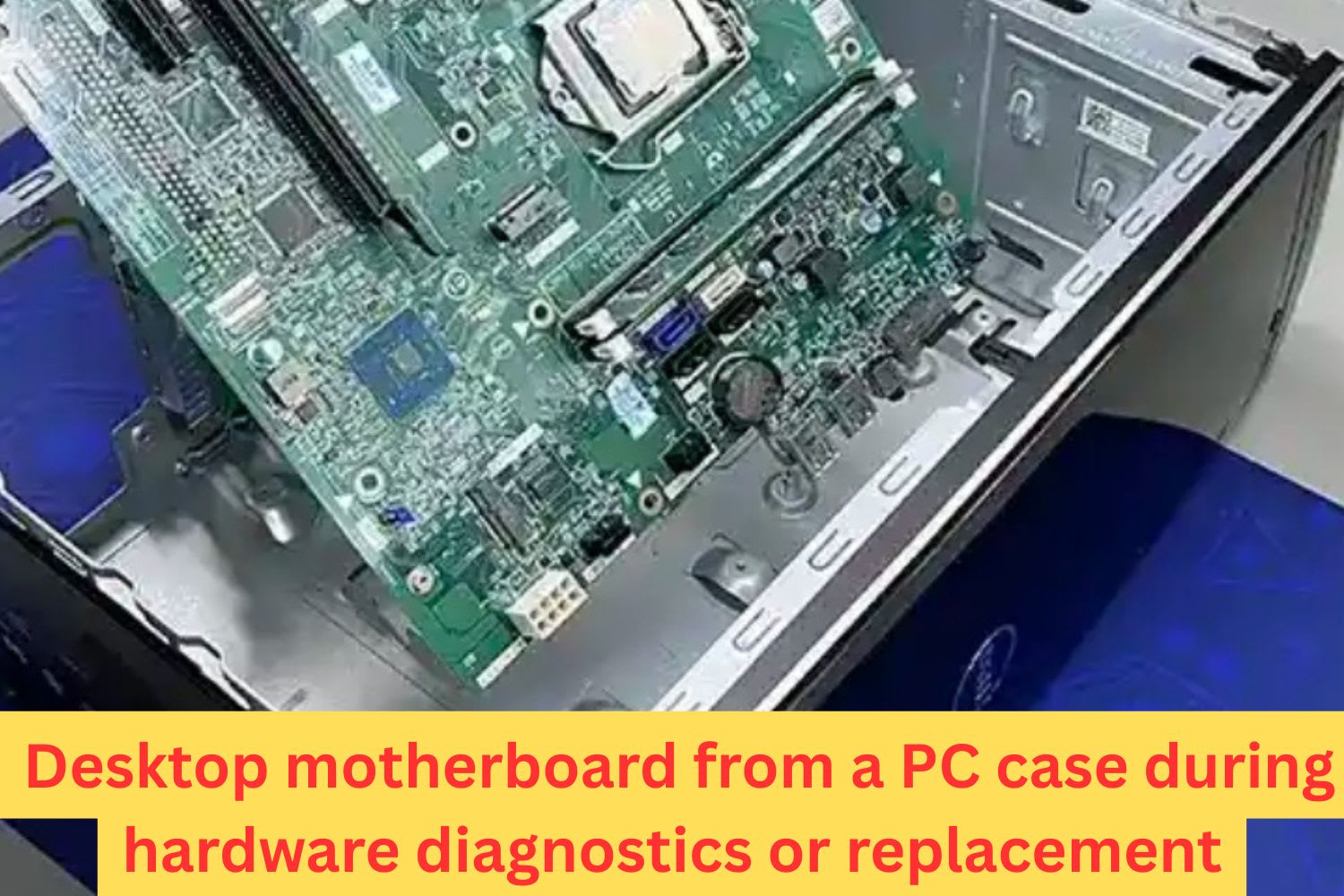 Gloved hand removing a desktop motherboard from a PC case for hardware diagnostics or part replacement.