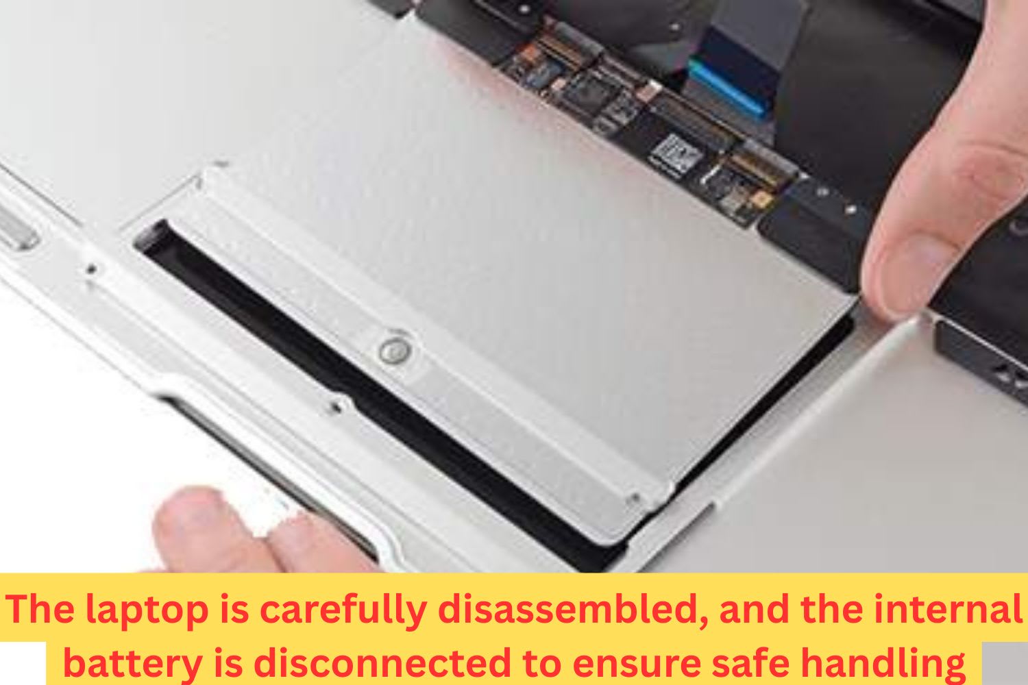 Laptop is carefully disassembled and the internal battery is being disconnected to ensure safe handling during touchpad repair.