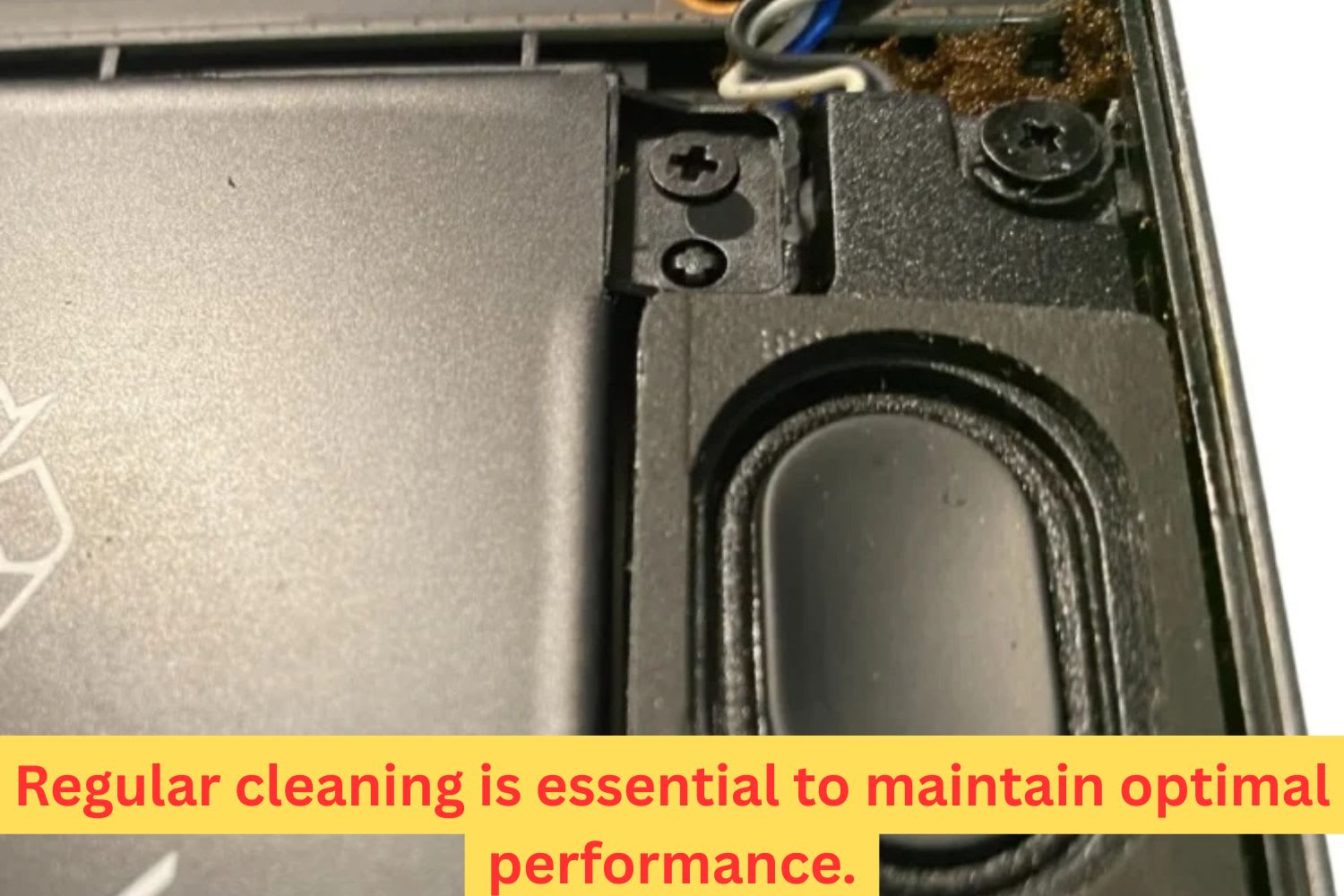 Laptop speaker section shown with wiring and dust accumulation, highlighting the importance of regular cleaning for maintaining audio performance.