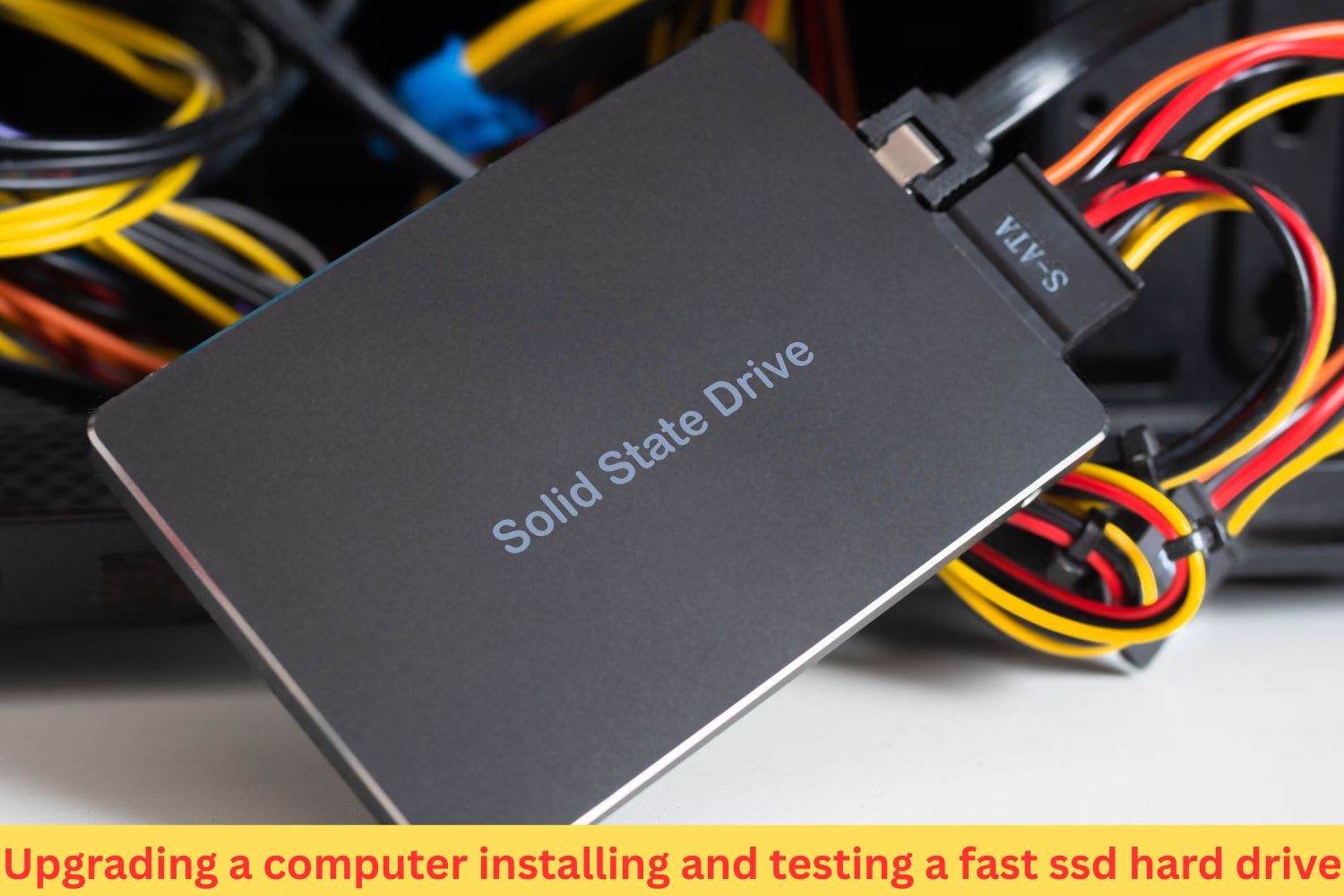 Close-up of a solid-state drive (SSD) being installed and tested inside a desktop computer with visible SATA data and power cables