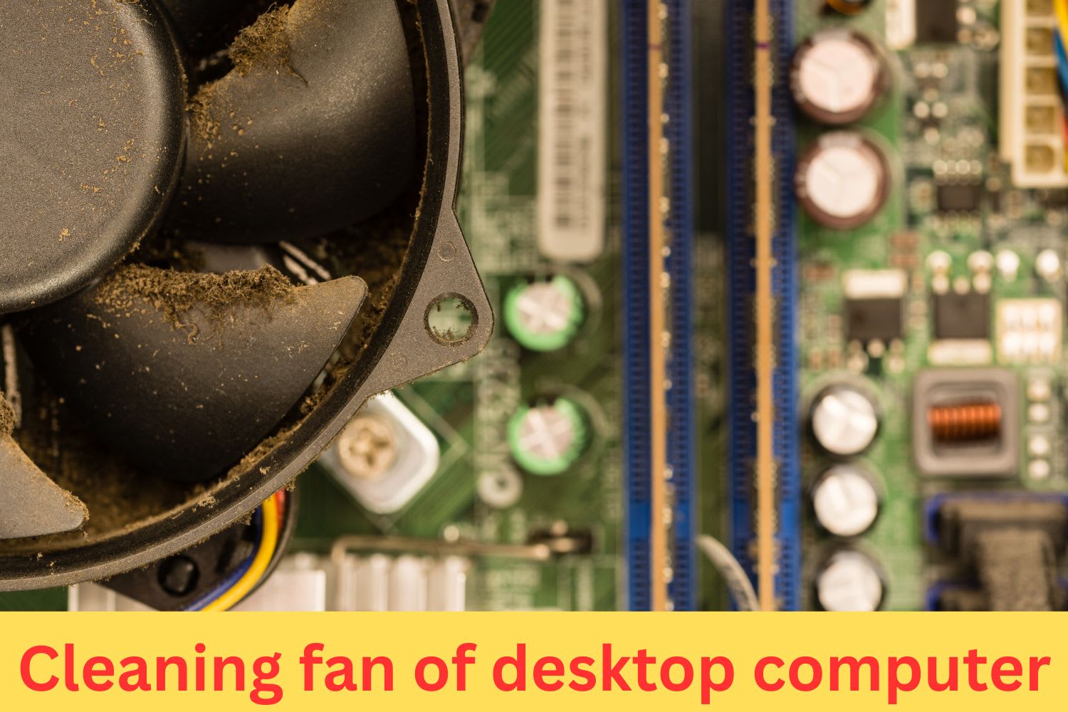 Close-up view of a dusty desktop computer fan with visible dirt buildup on blades, highlighting the need for internal PC cleaning