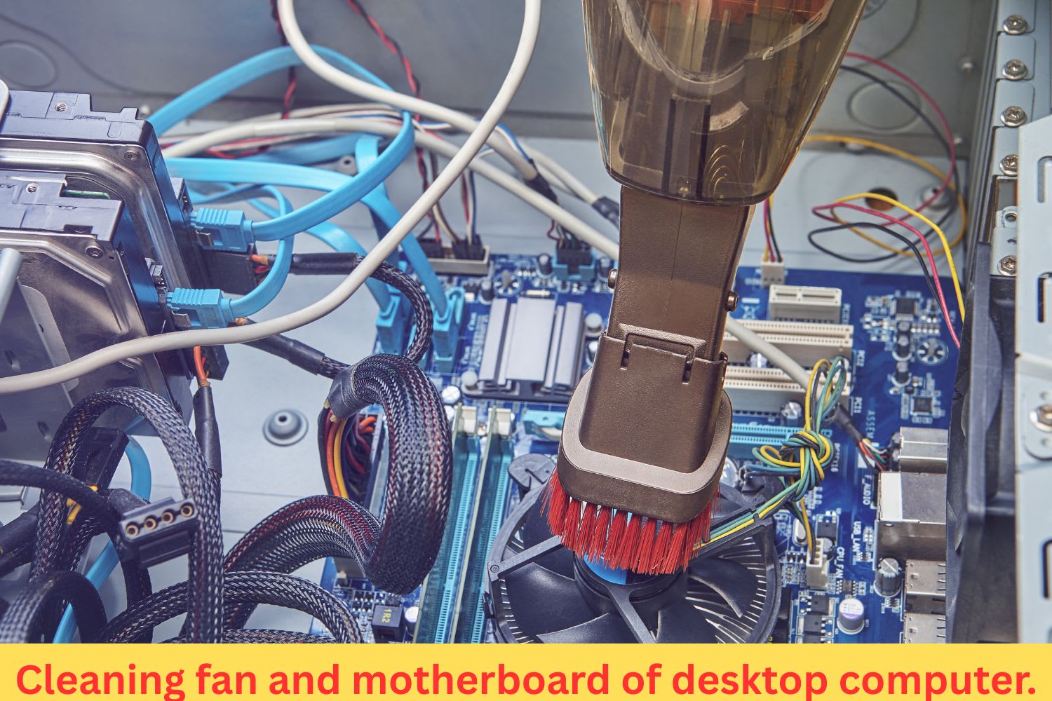 Using a small vacuum brush to clean dust from a desktop computer's fan and motherboard inside the system unit