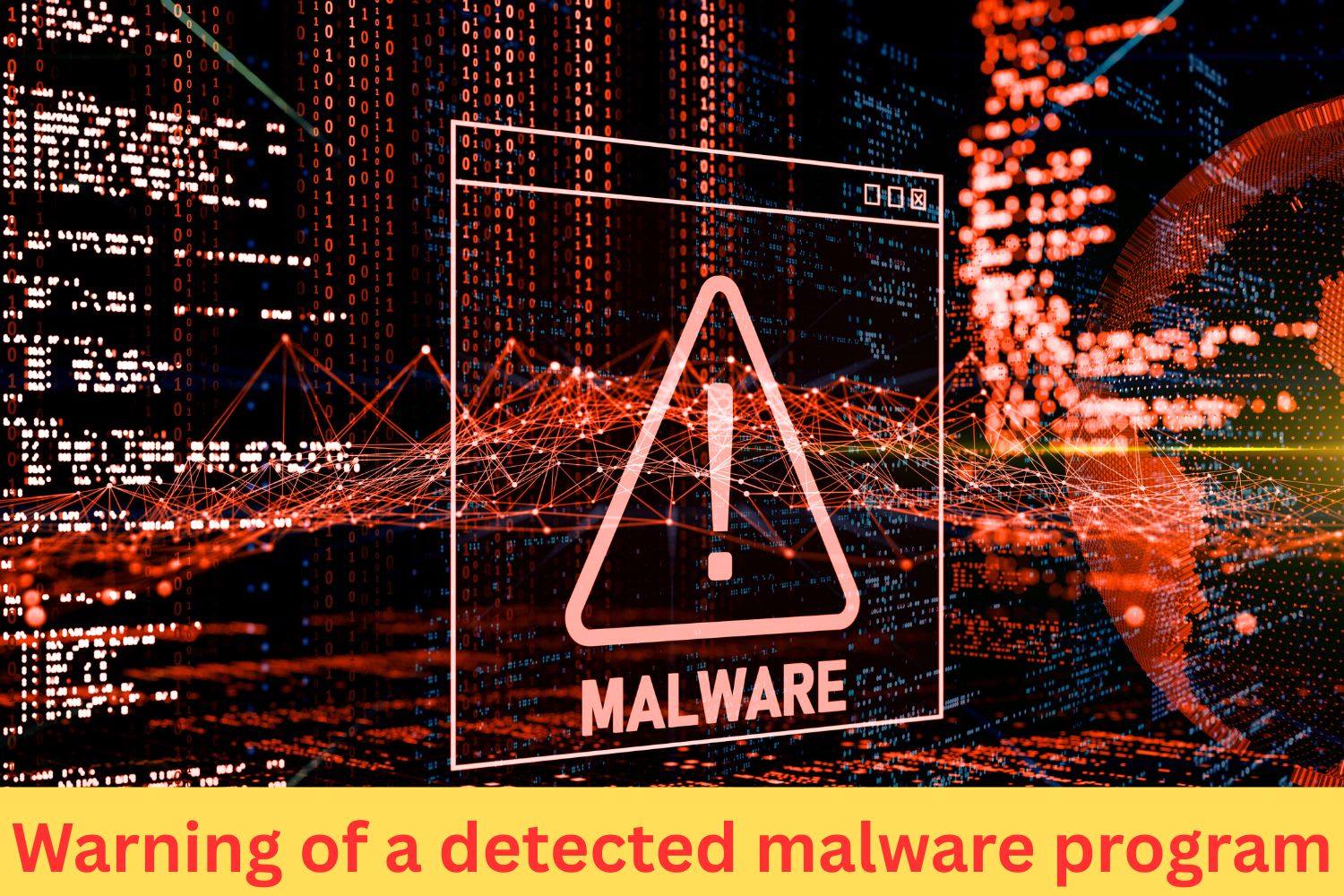 Digital interface displaying a malware alert warning symbol with binary code and data network background