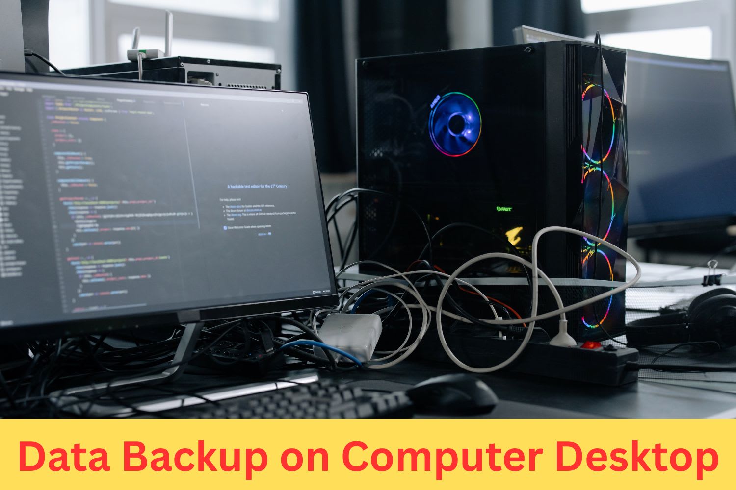 Desktop computer setup with multiple monitors, cables, and active data backup process, showing secure data storage on PC