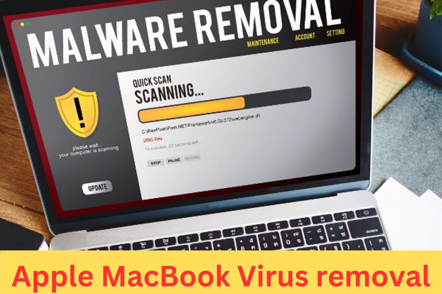 Laptop screen showing malware removal software running a virus scan on an Apple MacBook during cybersecurity cleanup