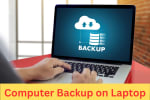 Person using a laptop displaying a cloud backup interface with data storage icons, indicating secure computer backup process
