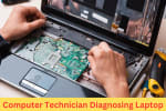 Technician inspecting the internal components of a laptop, performing hardware diagnostics on the motherboard and connections