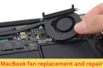 Technician removing a faulty cooling fan from inside a MacBook during repair or replacement