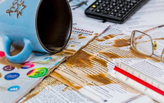 Coffee spill on work papers