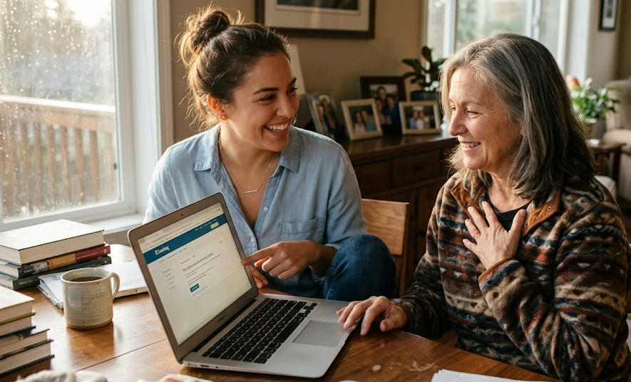 Young helper assisting older woman with laptop