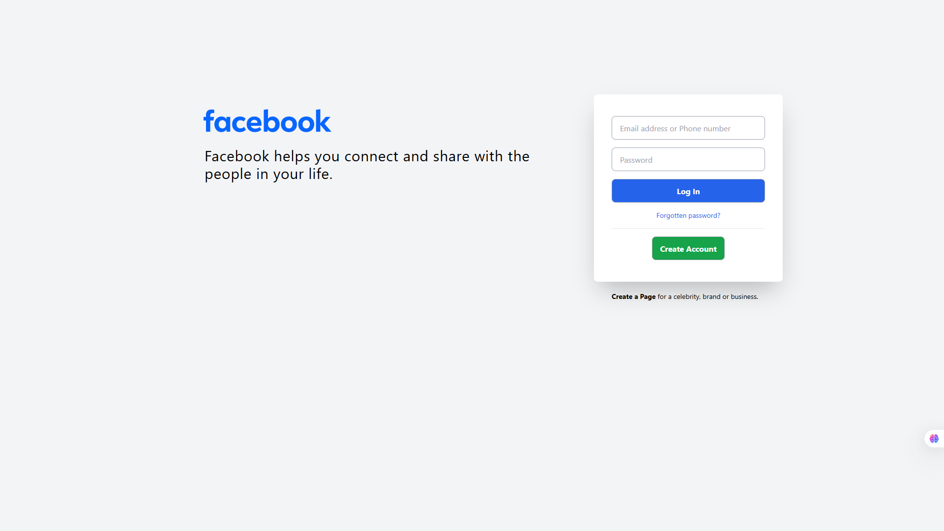 Facebook Login Screenshot