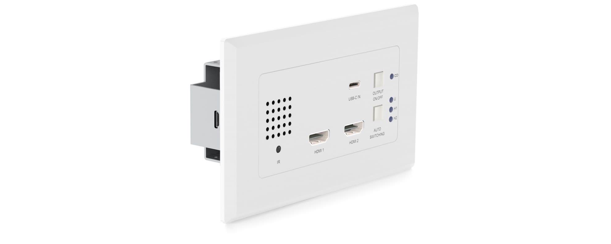 Nástěnný HDBaseT vysílač Blustream HEX31WPW-TX v bílém provedení z čelního pohledu