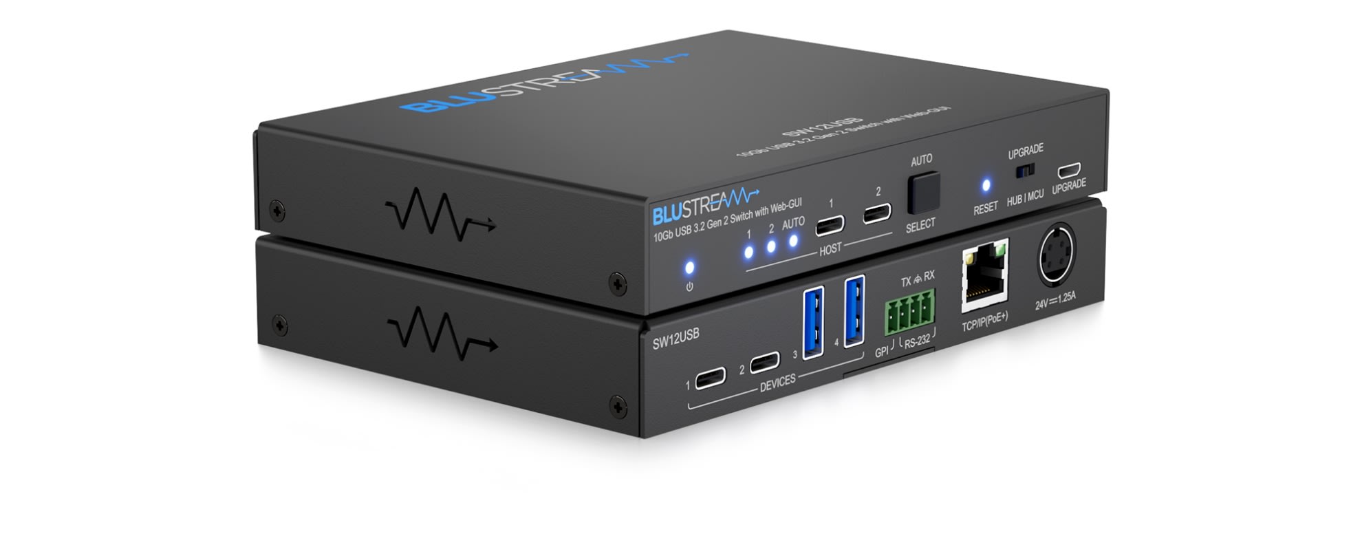 Blustream SW12USB — přepínač USB 3.2 Gen2 s konektory USB-C a USB-A pro dva hostitele