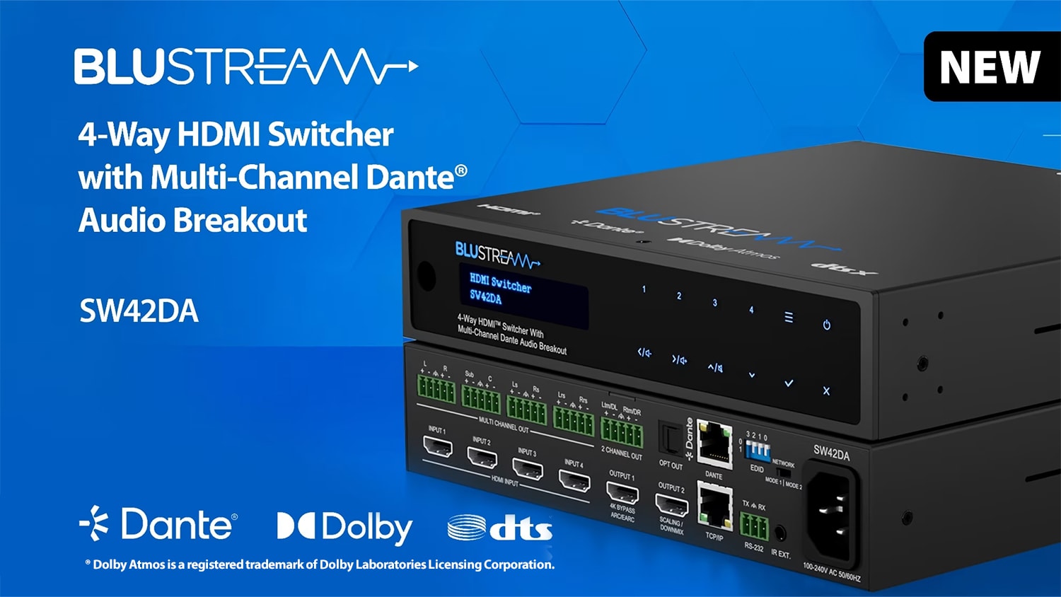 In Stock - Deliver HDMI Switching with integrated Dante Audio Downmixing with the NEW SW42DA from Blustream!