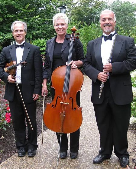 Trio of violinist, flute player and cello player getting ready to perform at wedding reception