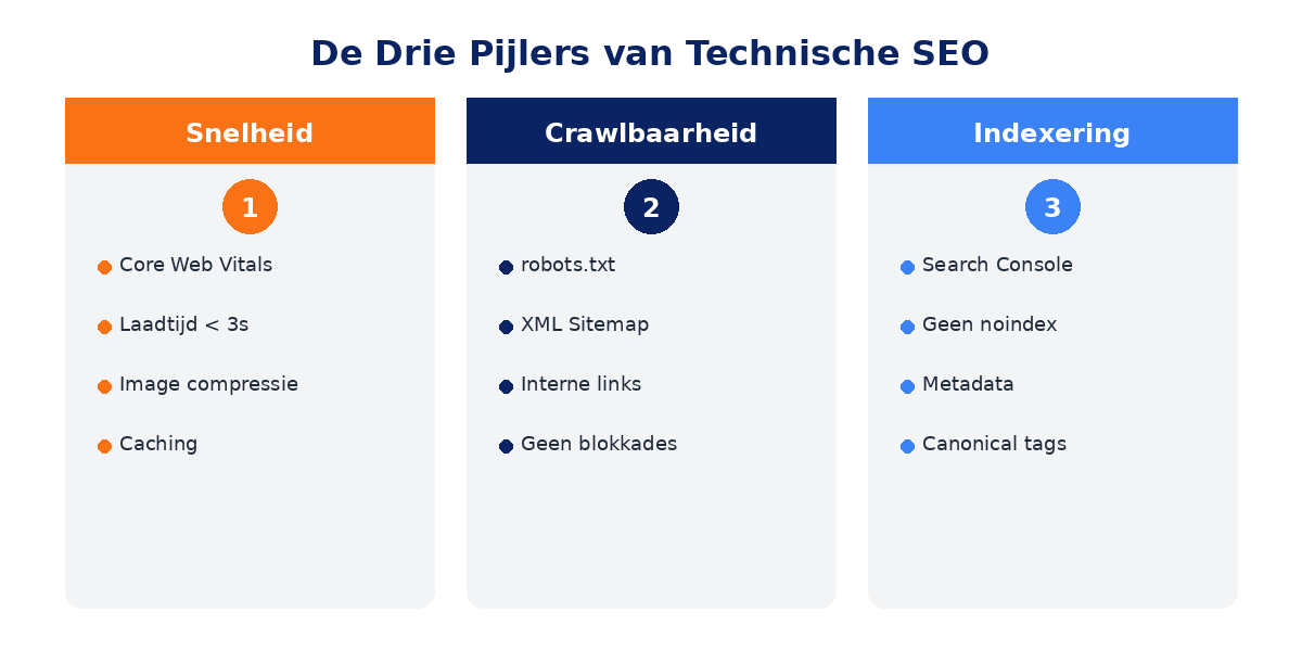 Infographic: de drie pijlers van technische SEO β snelheid, crawlbaarheid en indexering