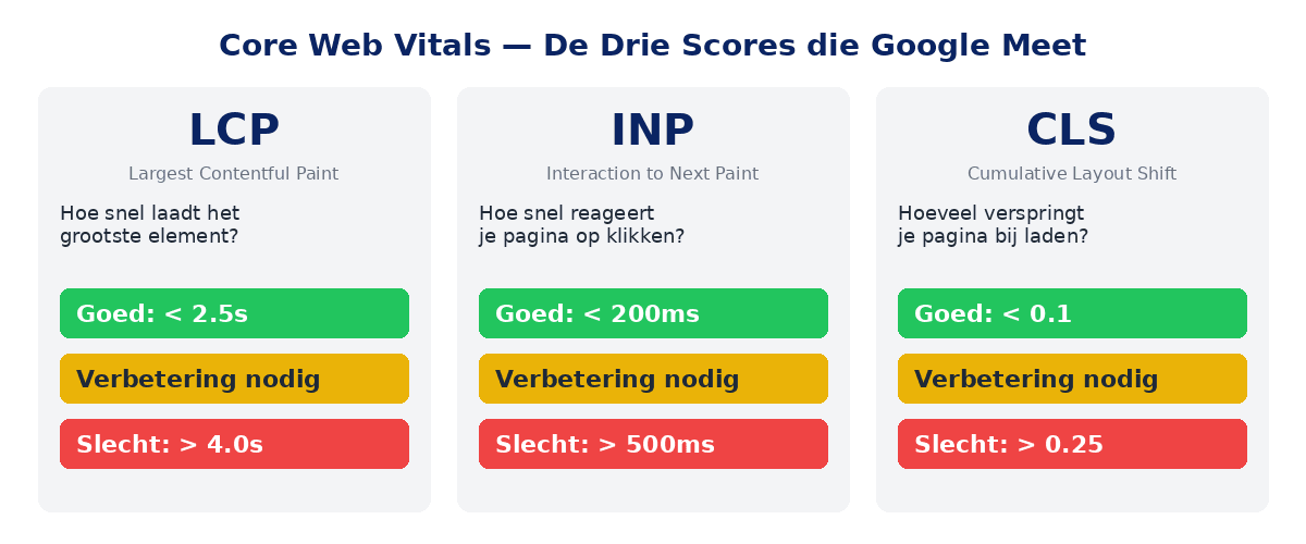 Core Web Vitals uitgelegd: LCP, INP en CLS met groene/oranje/rode zones