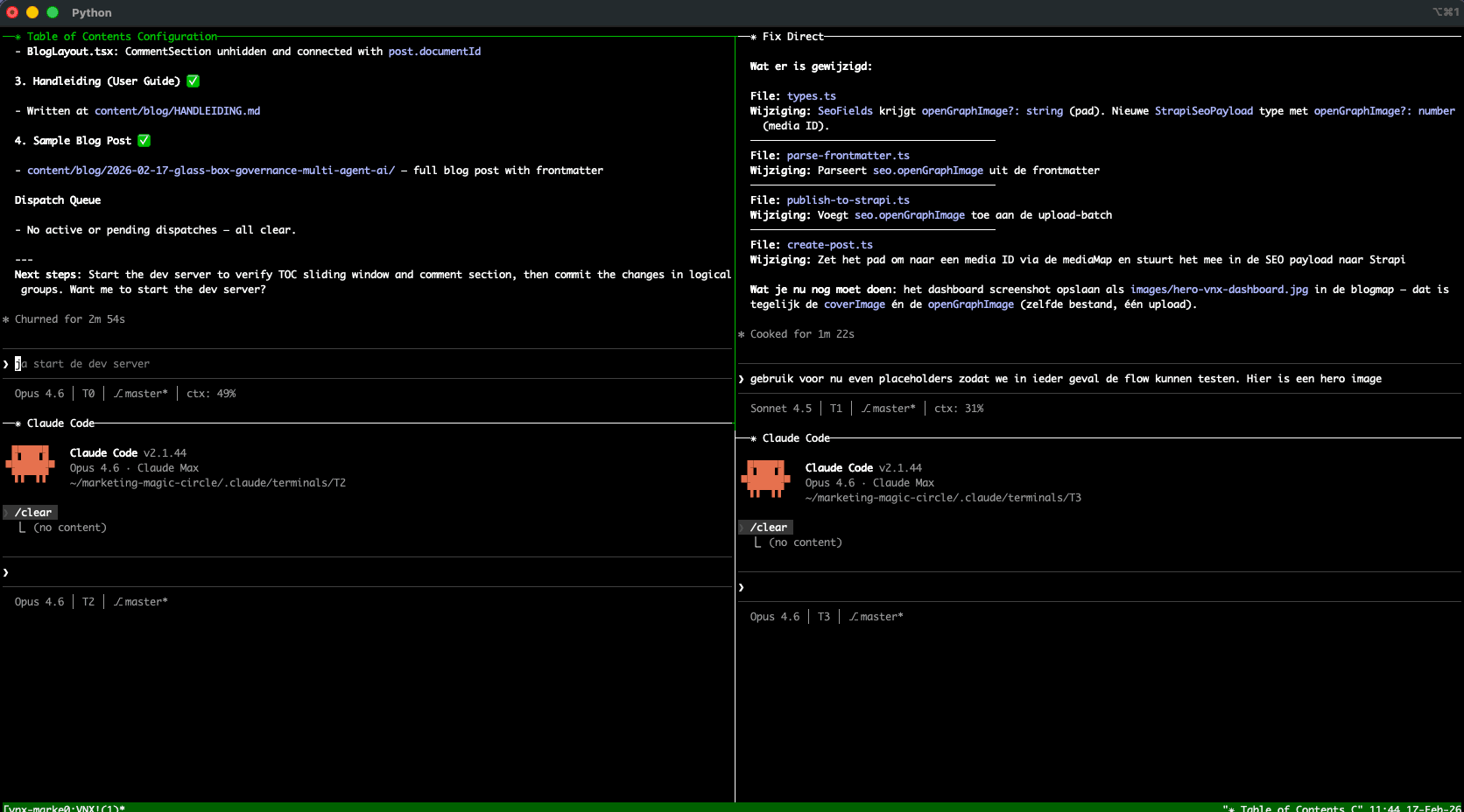 VNX dashboard: four AI agent terminals running in parallel