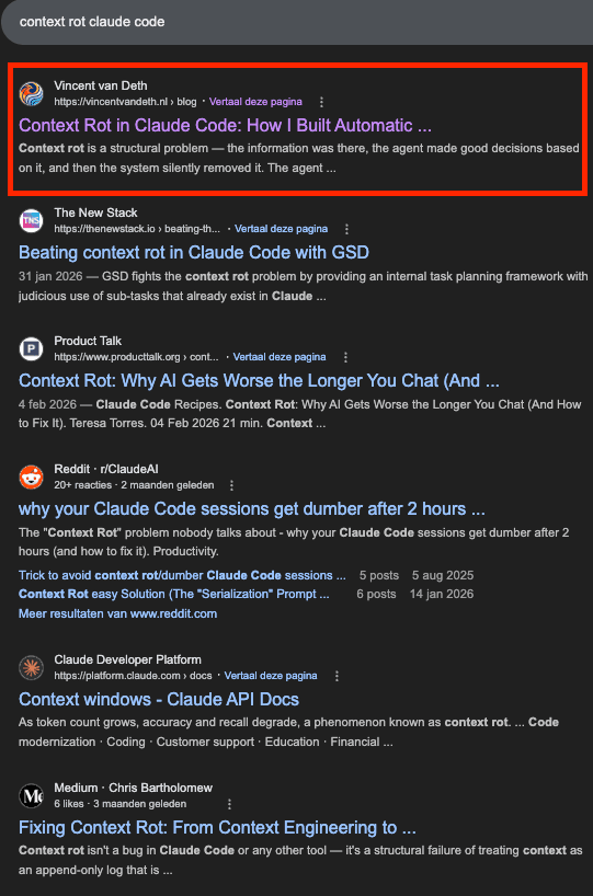 Google zoekresultaat: vincentvandeth.nl op positie 1 voor "context rot claude code", boven The New Stack en Product Talk