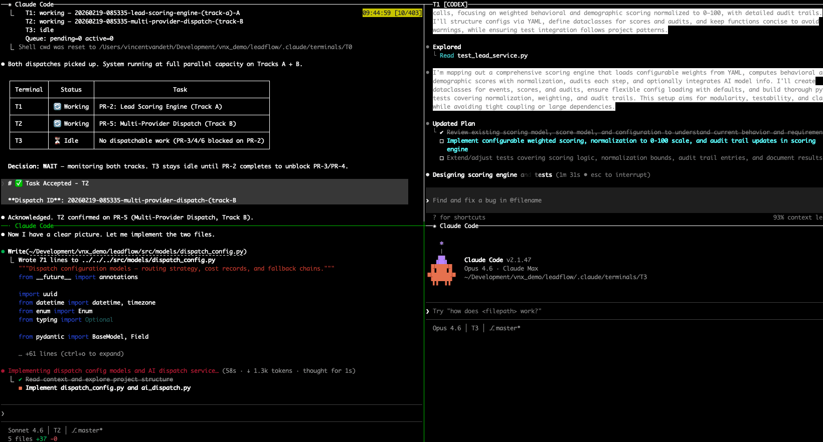 VNX multi-terminal orchestration: T0 orchestrator coördineert Claude Code, Codex CLI en Gemini CLI over parallelle tracks