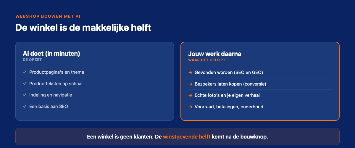 Een AI-webshopbouwer levert de opzet in minuten; vindbaarheid, conversie en onderhoud blijven daarna van jou