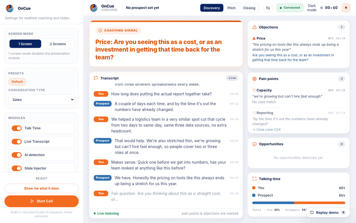 The OnCue dashboard mid-call: the coaching signal on the left, the live transcript per speaker in the middle, and on the right the objections and pain points each track surfaced, with their confidence and the talk-time split