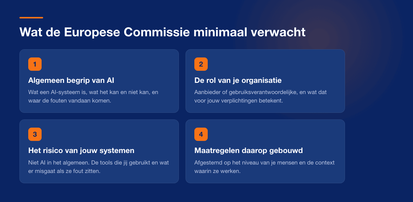 De vier minimumelementen van een AI-geletterdheidsprogramma volgens de Europese Commissie