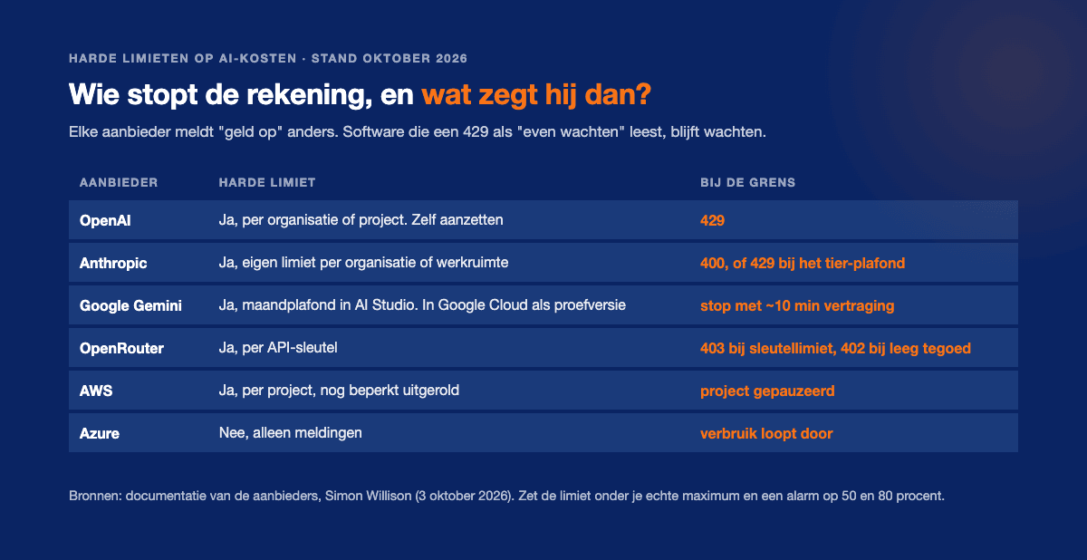 Overzicht per aanbieder: wie een harde limiet heeft, of die standaard aan staat en welke foutmelding je krijgt als het geld op is