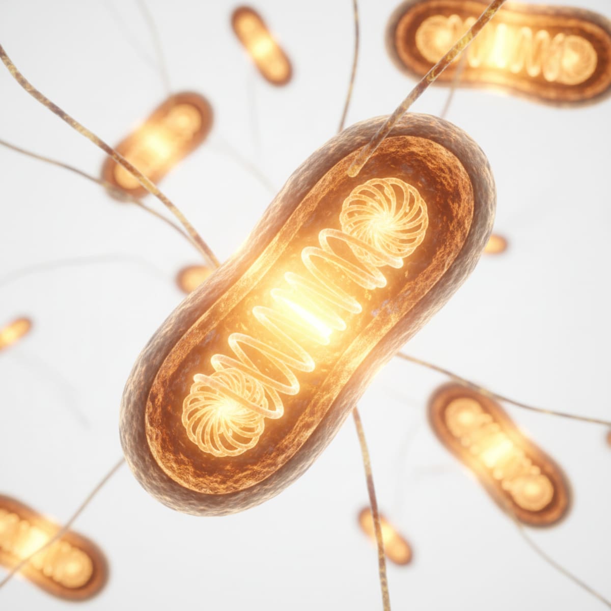 A premium 3D visualization of mitochondria glowing like tiny engines inside a cell — the power plants that make your energy