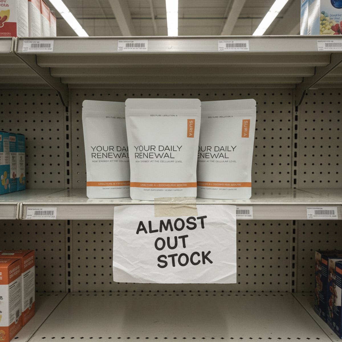 A nearly-empty store shelf with only a few SURIA Your Daily Renewal pouches left and an almost-out-of-stock sign