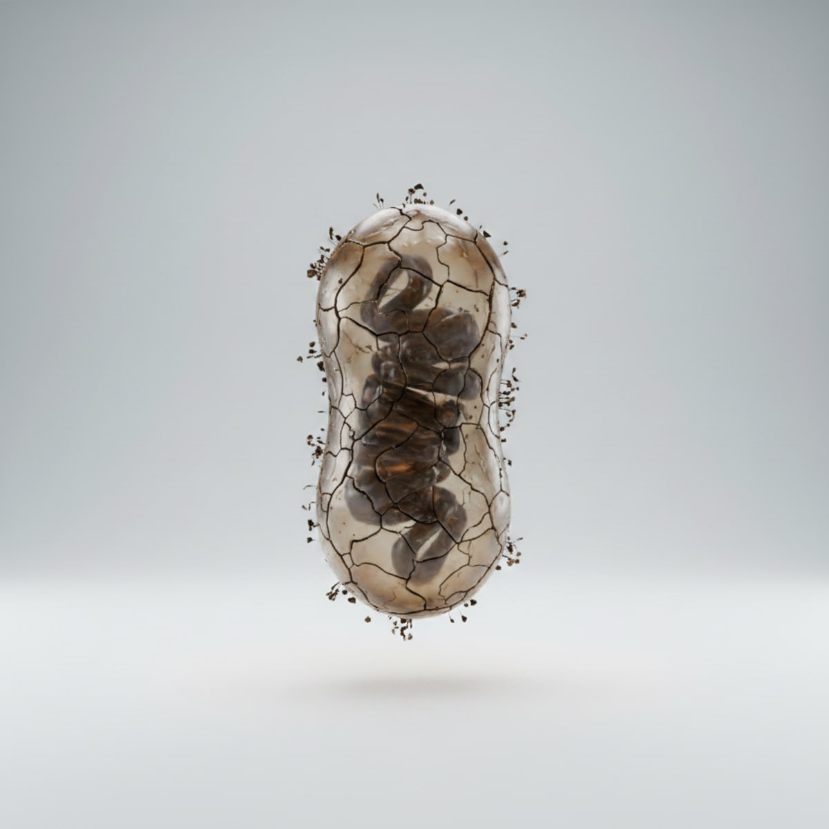 A worn-out, cracked, brown mitochondrion — a tired cell's factory after 40
