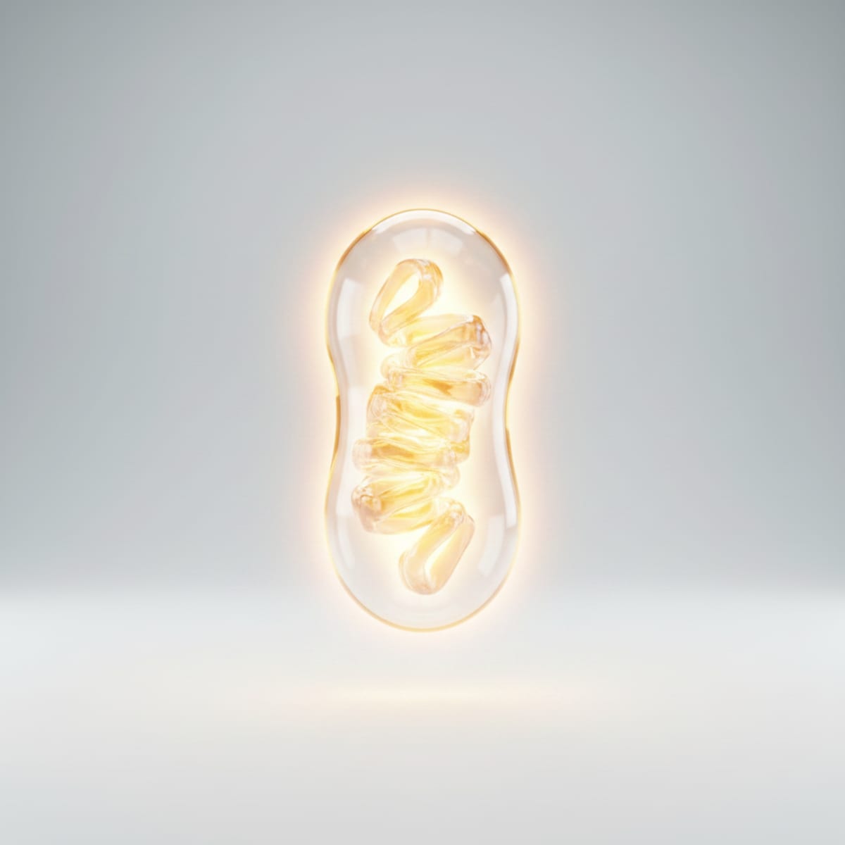 The same mitochondrion rebuilt: a clear, healthy factory blazing with golden energy again