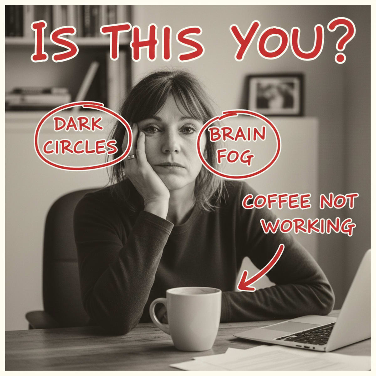 A near-monochrome photo of an exhausted woman at her desk, marked up like a health article: red circles labeled DARK CIRCLES and BRAIN FOG, a red arrow to her full coffee labeled COFFEE NOT WORKING, headline IS THIS YOU?