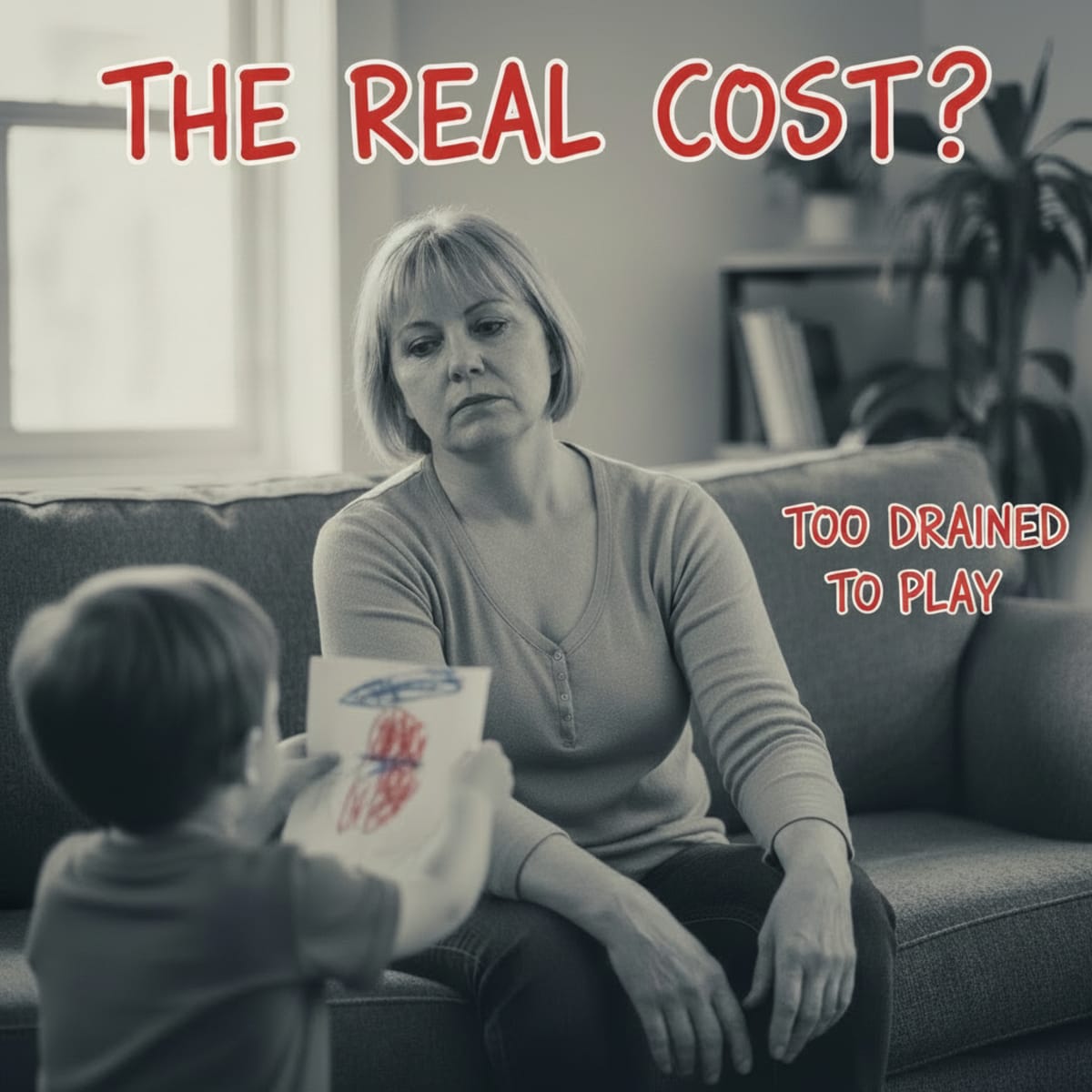 A near-monochrome photo of a drained mother ignoring her child who holds up a drawing; marked up like a health article: a red arrow labeled TOO DRAINED TO PLAY, headline THE REAL COST?