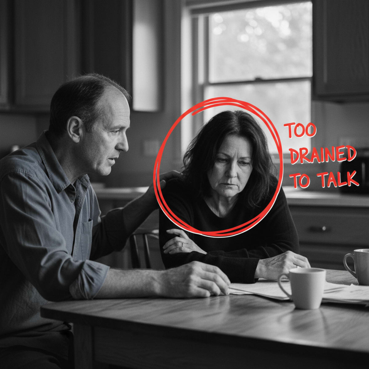 A near-monochrome photo of a husband leaning in to talk while his exhausted wife stares away; a red circle labels her TOO DRAINED TO TALK