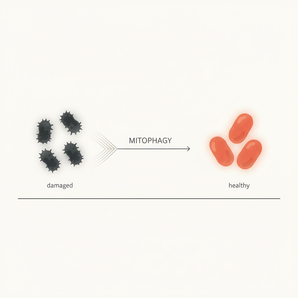 Diagram showing mitophagy: damaged mitochondria cleared out and replaced by healthy ones after Urolithin A supplementation