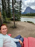 Relaxing in one of the red chairs at Jasper National Park, Canada