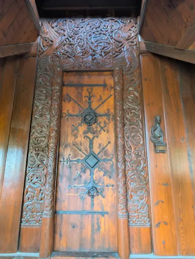 Beautiful woodwork on the door of the church