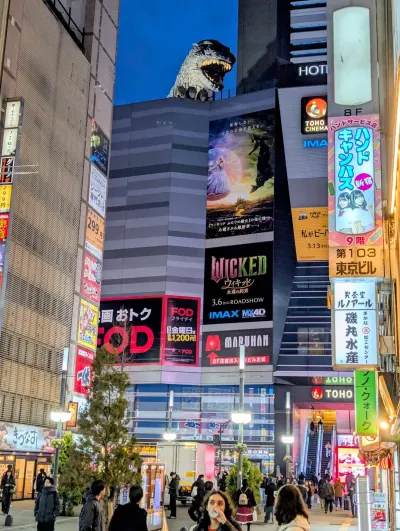 Famous Godzilla statue on a building in Shinjuku