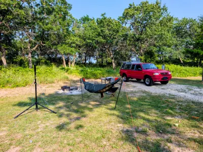 Campsite setup, along with the radio and antenna for some Parks on the Air