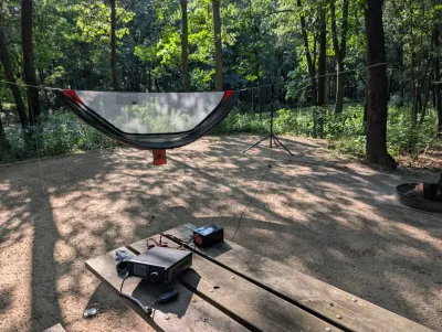 Set up at the Dunewood campground with hammock and my radio for some Parks on the Air