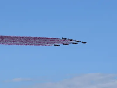 RAF Red Arrows arrival, smoke on to make the American Flag