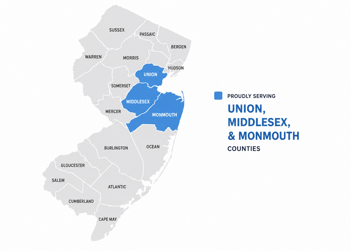 Middlesex, Union and Monmouth County service area map