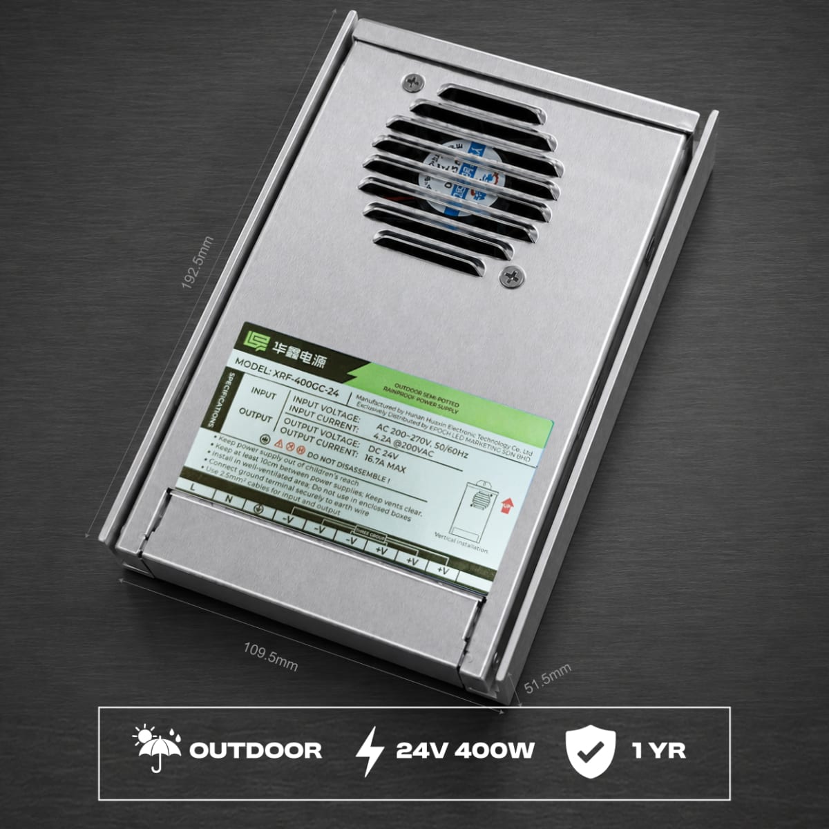WHOOSH XR Economic Rainproof LED Power Supply – 24V 400W | For Outdoor Light Boxes & Signage