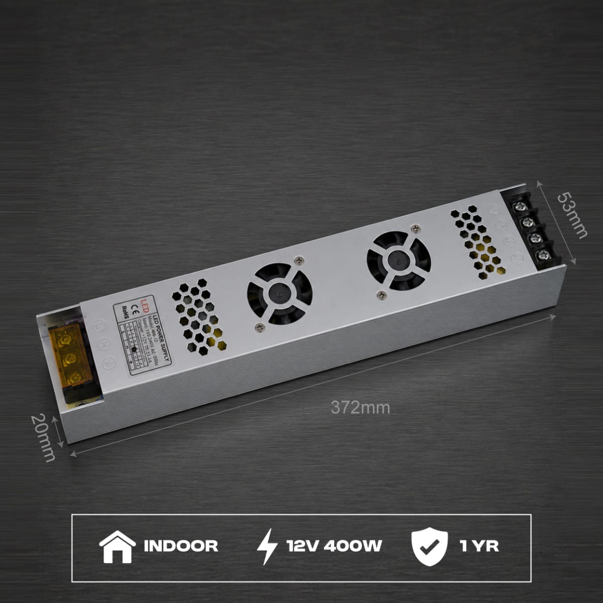 Indoor Slim LED Switching Power Supply – 12V 33.3A (400W) | For Light Boxes & Signage