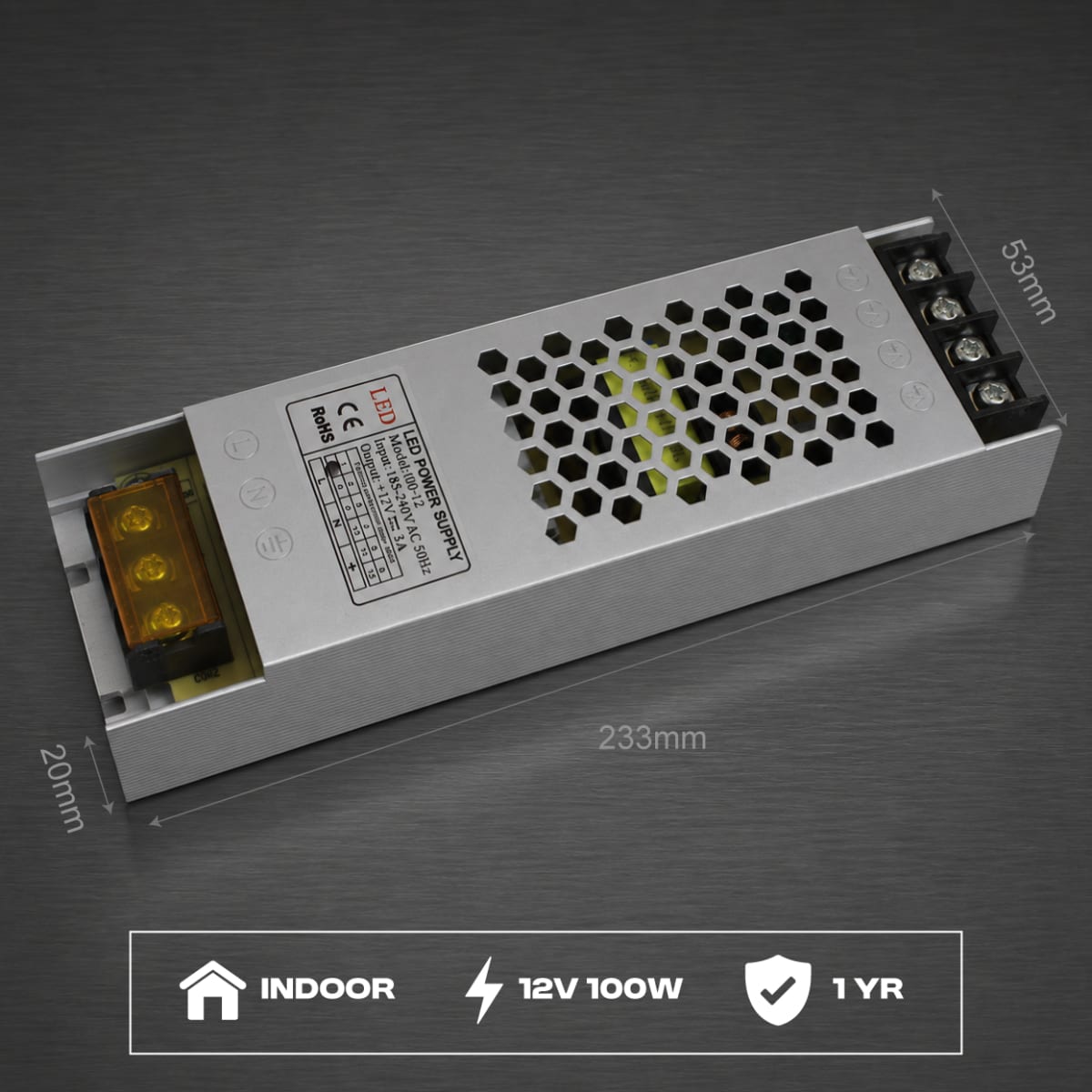 Indoor Slim LED Switching Power Supply – 12V 8.3A (100W) | For Light Boxes & Signage