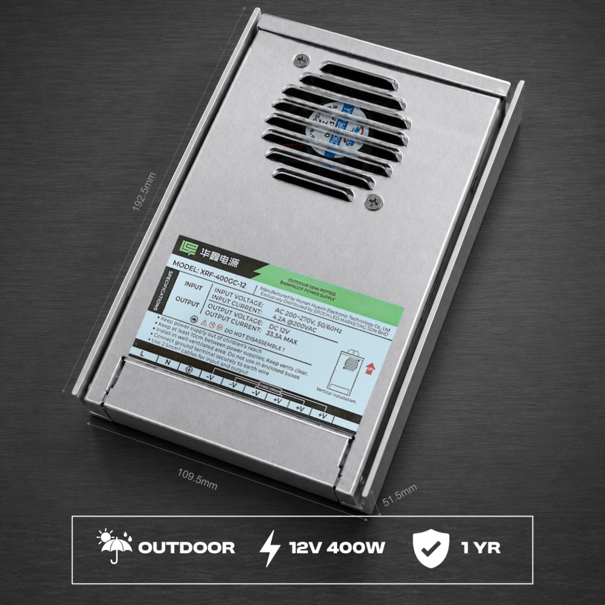 WHOOSH XR Economic Rainproof LED Power Supply – 12V 400W | For Outdoor Light Boxes & Signage